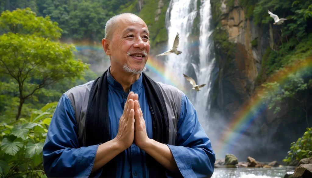 a man, Put your hands together as if praying, Eyes looking forward, Wearing casual clothes, Standing in the forest with waterfall, There are birds flying, There are white clouds in the blue sky, There is a rainbow above the waterfall, Beautiful and high-definition picture, The details are very clear, With depth of field