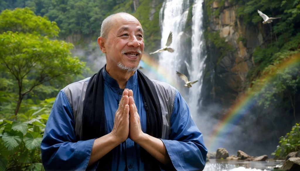 a man, Put your hands together as if praying, Eyes looking forward, Wearing casual clothes, Standing in the forest with waterfall, There are birds flying, There are white clouds in the blue sky, There is a rainbow above the waterfall, Beautiful and high-definition picture, The details are very clear, With depth of field