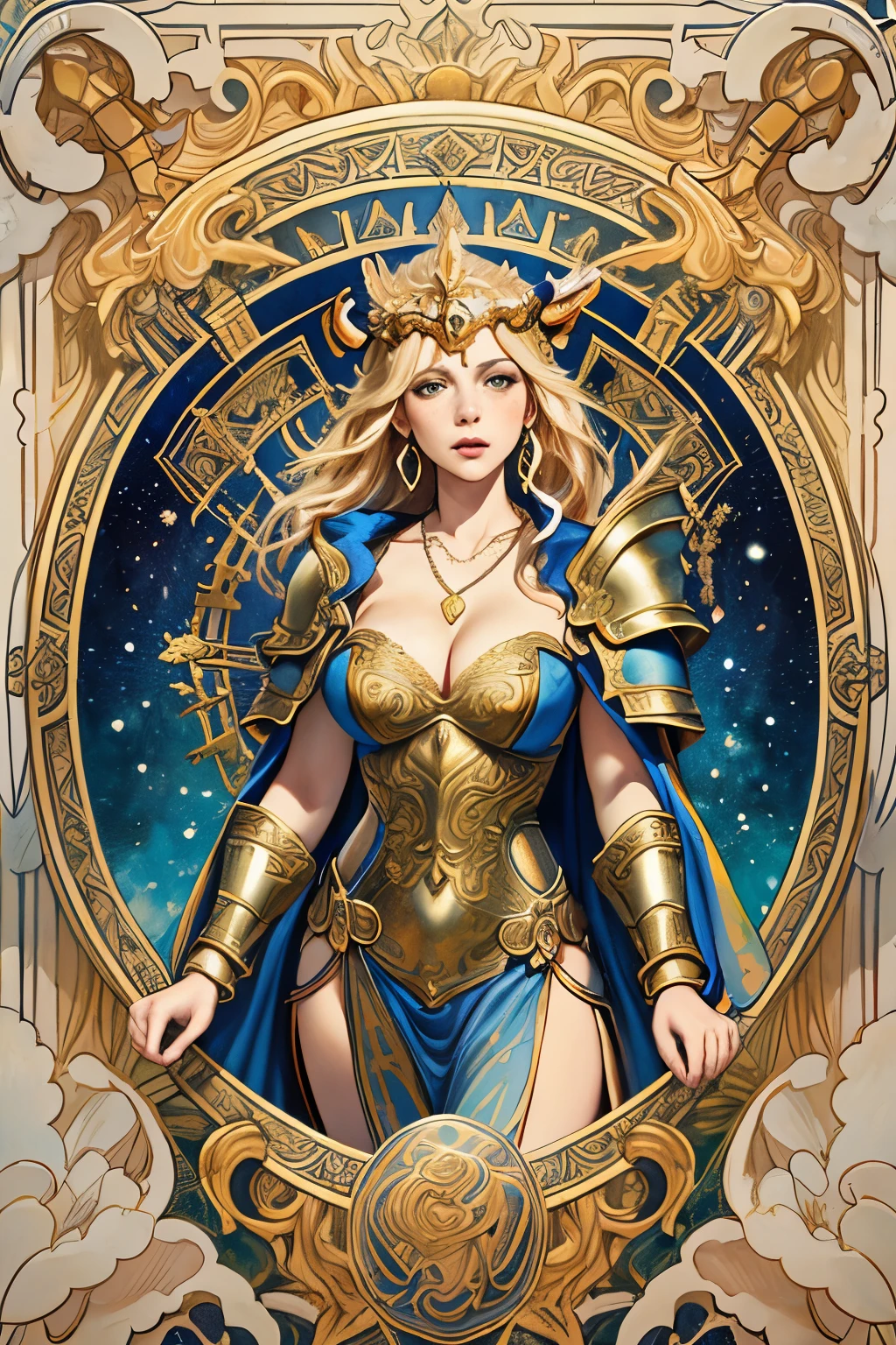 (artwork 1:2, maximum quality, 8k, best quality, beautiful and aesthetic: 1.2) (a woman), (Art Nouveau watercolor painting) extremely detailed, colorful, more detailed, faithful style, (goddess freya: 1.5 ), nordic goddess, european woman, bright eyes, light blue eyes, thick eyelashes, loose braided hair, long hair, blonde hair, large breasts, cleavage, exposed breasts, exposed belly, show navel, show thighs, show cleavage, show breasts , seductive lips, animal leather cloak, beautiful woman, mature woman, attractive woman, voluptuous woman, perfect body, short stature, freckles on the face, freckles under the eyes, necklace, brisingamen freya necklace, golden viking armor, detailed armor , emphasis on armor, golden armor, shoulder armor, waist armor, wrist armor, shining armor, sparkling armor, raising a glass of beer, toasting with beer, (Background with layout of tarot cards in high relief with runes and drawings Nordic and patterns inspired by the style of Alphonse Mucha), (realistic rendering, elaborate details)