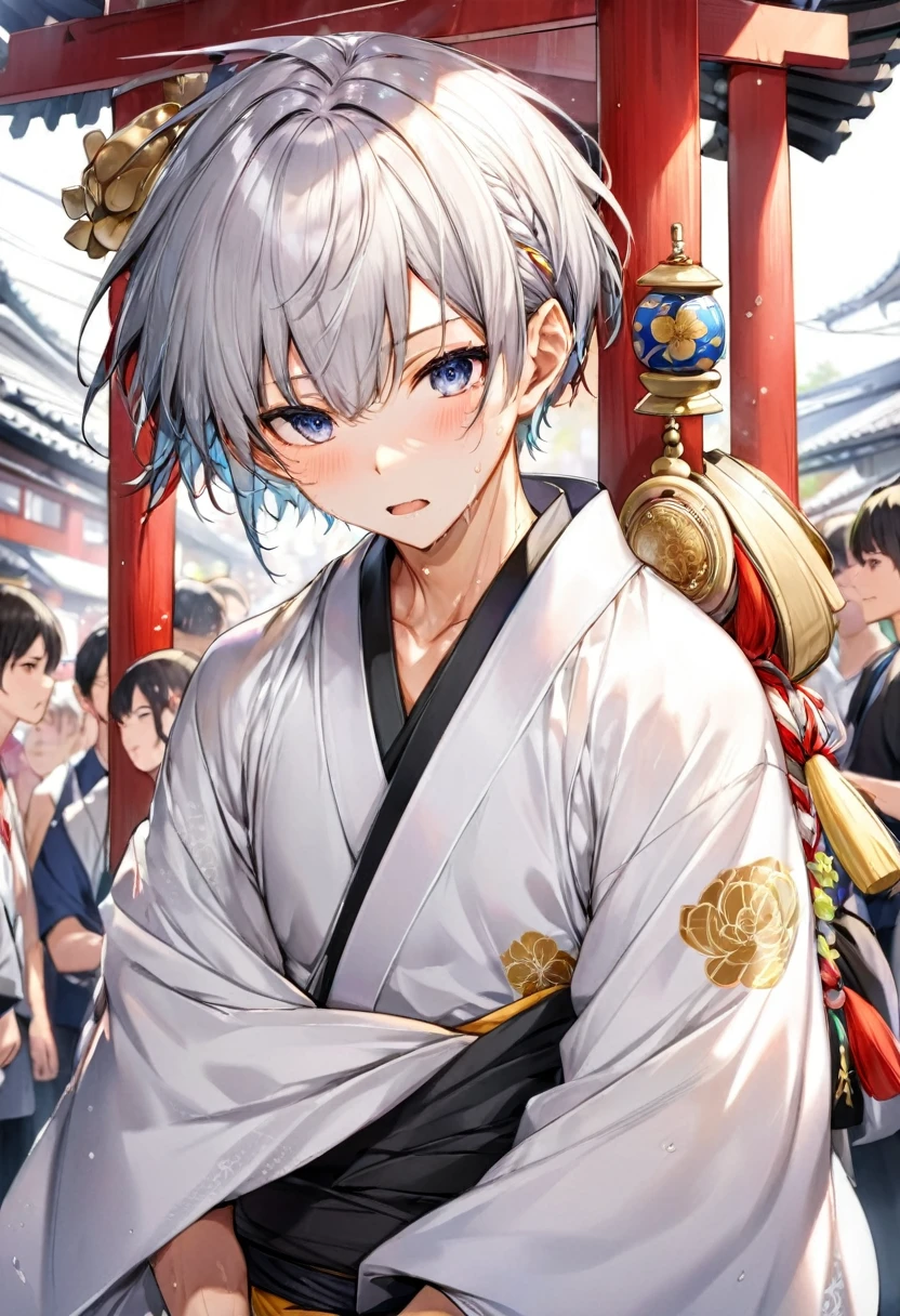 Hakata Gion Yamakasa Mikoshi (portable shrine), (Carrying the portable shrine) (a 16 yo, silver crew cut hair very short hair divine fighter boy, serious face, sweaty), in a Festival Happi Coat, loincloth:1.3, break, in the Hakata Gion Yamakasa festival venue, BREAK, perfect ???????, masterpiece, best quality, 16k, beautiful detailed grow, daydreaming expression.