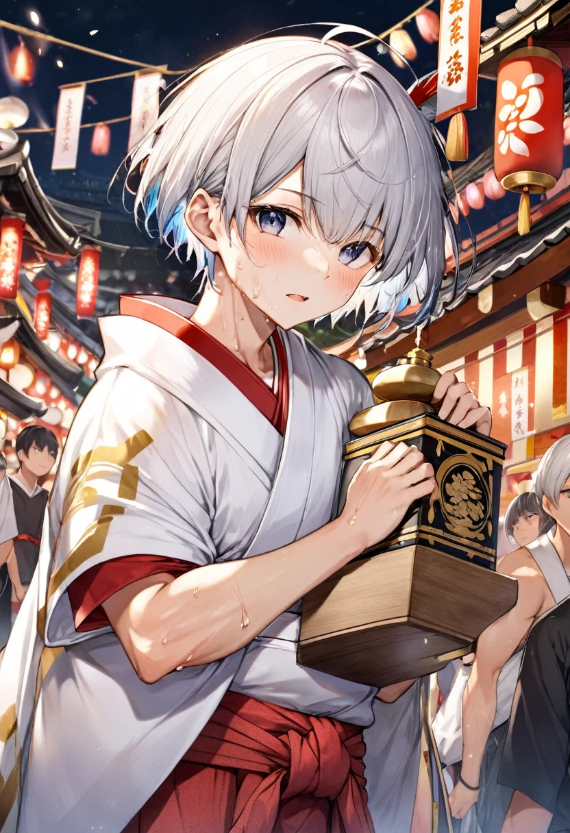 Hakata Gion Yamakasa Mikoshi (portable shrine), (Carrying the portable shrine) (a 16 yo, silver crew cut hair very short hair divine fighter boy, serious face, sweaty), in a Festival Happi Coat, loincloth:1.3, break, in the Hakata Gion Yamakasa festival venue, BREAK, perfect anatomy, masterpiece, best quality, 16k, beautiful detailed grow, daydreaming expression.