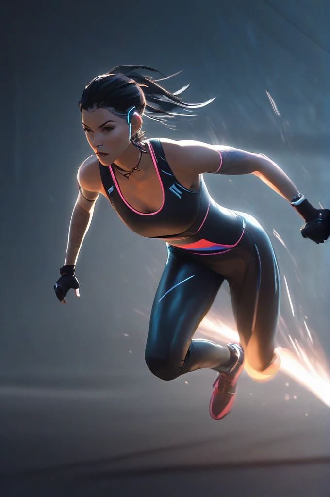 Forward sprint, Cyberpunk Athlete, Expressing Beyond Acceleration with Motion Blur, A woman&#39;Flexible and supple muscles, Amazing explosive power, Looking at the audience, Moderately tight abdominal muscles, Charming cleavage, Slim and sexy figure, Use the whole body to achieve an aesthetic leap, Get closer to your audience, BREAK Watching the audience with a charming gaze, 