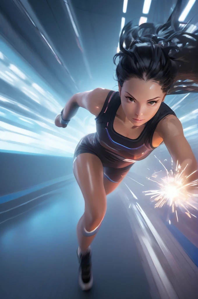 Forward sprint, Cyberpunk Athlete, Expressing Beyond Acceleration with Motion Blur, A woman&#39;Flexible and supple muscles, Amazing explosive power, Looking at the audience, Moderately tight abdominal muscles, Charming cleavage, Slim and sexy figure, Use the whole body to achieve an aesthetic leap, Get closer to your audience, BREAK Watching the audience with a charming gaze, 