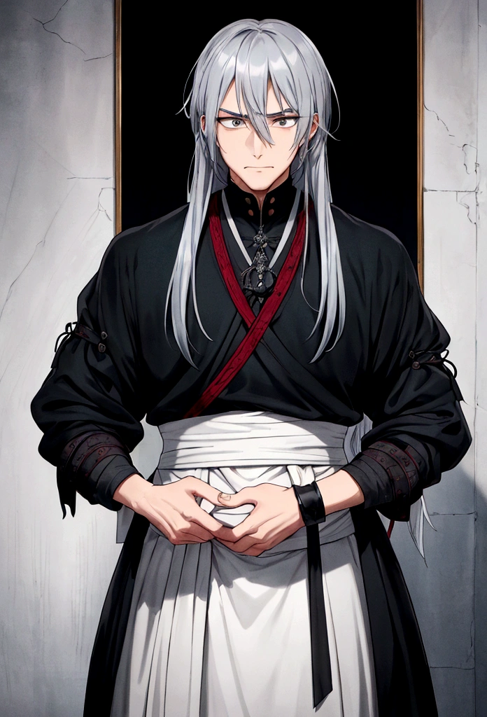 with long, disheveled silver-blue hair and cold, gray eyes. He has a slender, athletic build and often carries a relaxed demeanor. A notable feature is his stitched mouth, along with various other stitches on his face and body, highlighting his ability to manipulate his physical form. He wears casual medieval-era clothing, including a simple, dark tunic, usually black or gray, tied with a sash around the waist, giving him a traditional look. His presence is ominous and menacing, reflecting his sinister nature
