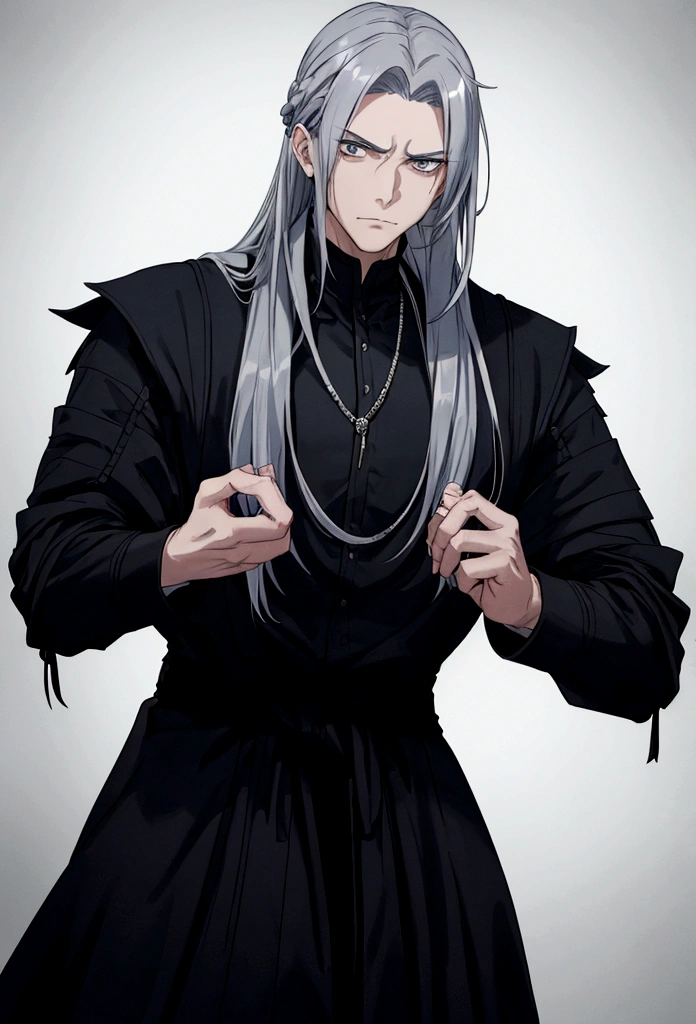 with long, disheveled silver-blue hair and cold, gray eyes. He has a slender, athletic build and often carries a relaxed demeanor. A notable feature is his stitched mouth, along with various other stitches on his face and body, highlighting his ability to manipulate his physical form. He wears casual medieval-era clothing, including a simple, dark tunic, usually black or gray, tied with a sash around the waist, giving him a traditional look. His presence is ominous and menacing, reflecting his sinister nature