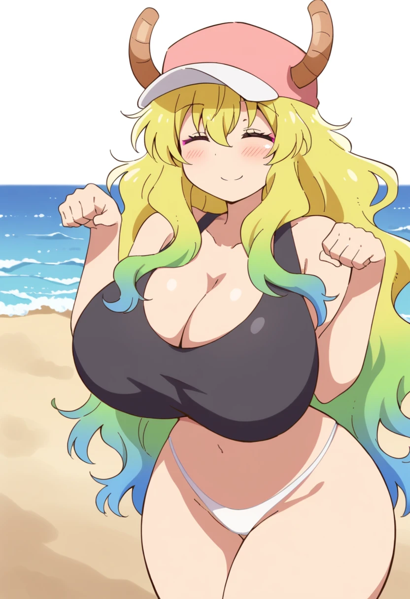 (anime art style:0.1), 2d, masterpiece, best quality, very aesthetic, absurdres, dynamic shadows, atmosferic, lucoa_md, (1girl), (blonde hair), long hair, (gradient hair), green hair, blue hair, closed eyes, ahoge, hair between eyes, bangs, big breasts, cleavage, curvy body, collarbone, makeup, blush, (sexy smile), horns, hat, pink baseball cap, black crop top, white thong, sexy smile, (cowboy shot), (paw pose), beach, clouds, sky