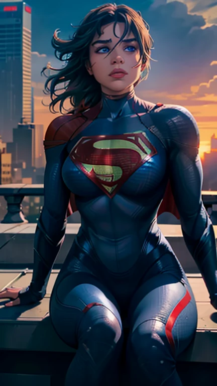 supergirl, sitting on a rooftop building, lost in deep thought, looking at the city, perfect eye, beautiful highly detailed eyes, beautiful light blue eyes, both eyes are similar, beautiful detailed lips, extremely detailed face, detailed Supergirl tight suit, tight figure, big round breasts, D cup Breasts, tight bust, dynamic pose, cinematic lighting, epic cityscape, moody atmosphere, dramatic shadows, vibrant colors, photorealistic, 8k, best quality, hyper detailed, masterpiece