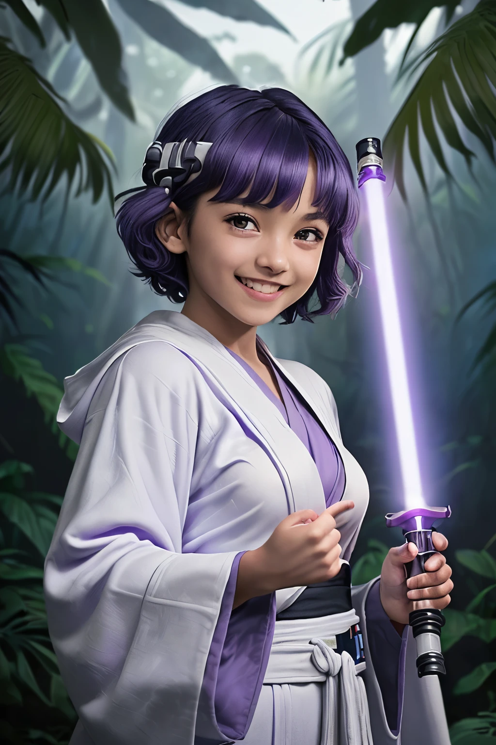 ((best quality)), ((masterpiece)), (detailed), ((jedi master)),((( 1 blue light saber))),  (((black girl))), (((purple hair))),(( short hair)), ((blown eyes)), (((white jedi robe))), (()), ((perfect fingers)), (( jungle background)), ((fighting stance)), ((big smile)), (((perfect face))), (small breast), (((cover up breast))), 