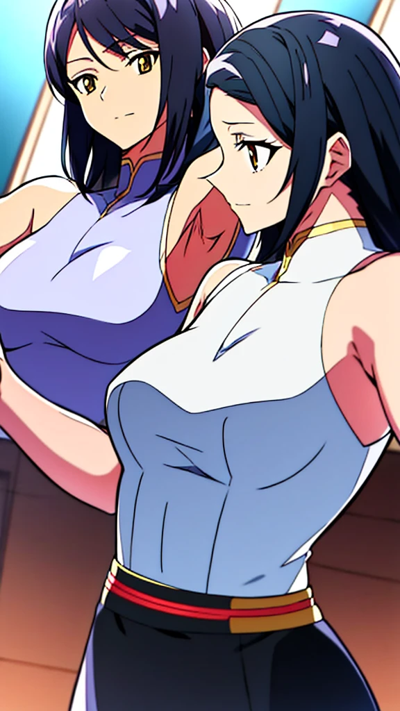 8K,high quality,anime,married woman,fair skinned,beautiful,small face,clean,bright,eye highlights,beautiful line drawing. Black hair, white skin, brown eyes, flashy black dress, sleeveless outfit, hands raised, armpits showing,Both arms raised, both armpits showing, described from head to waist,