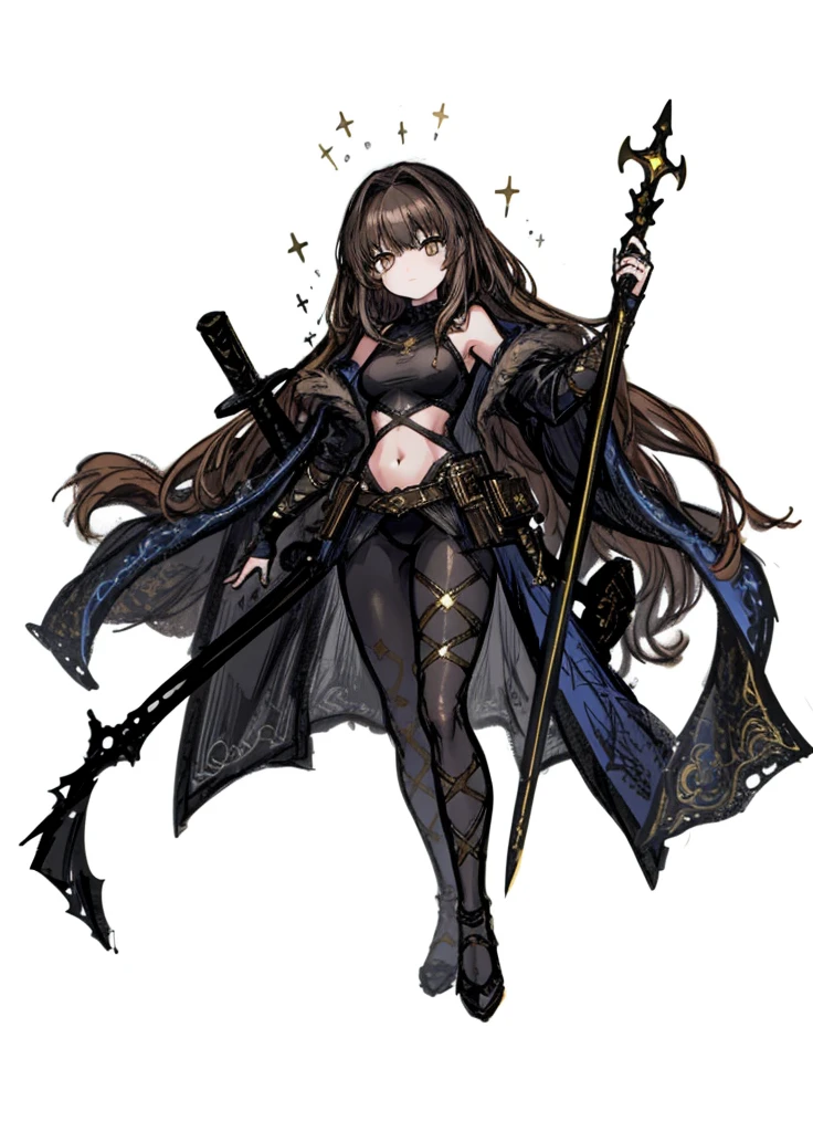 1girl, brown eyes,brown hair, magic warrior, saint, mage, nice clothes, (high resolution, high detail, best quality),
black background, serious, magic sword