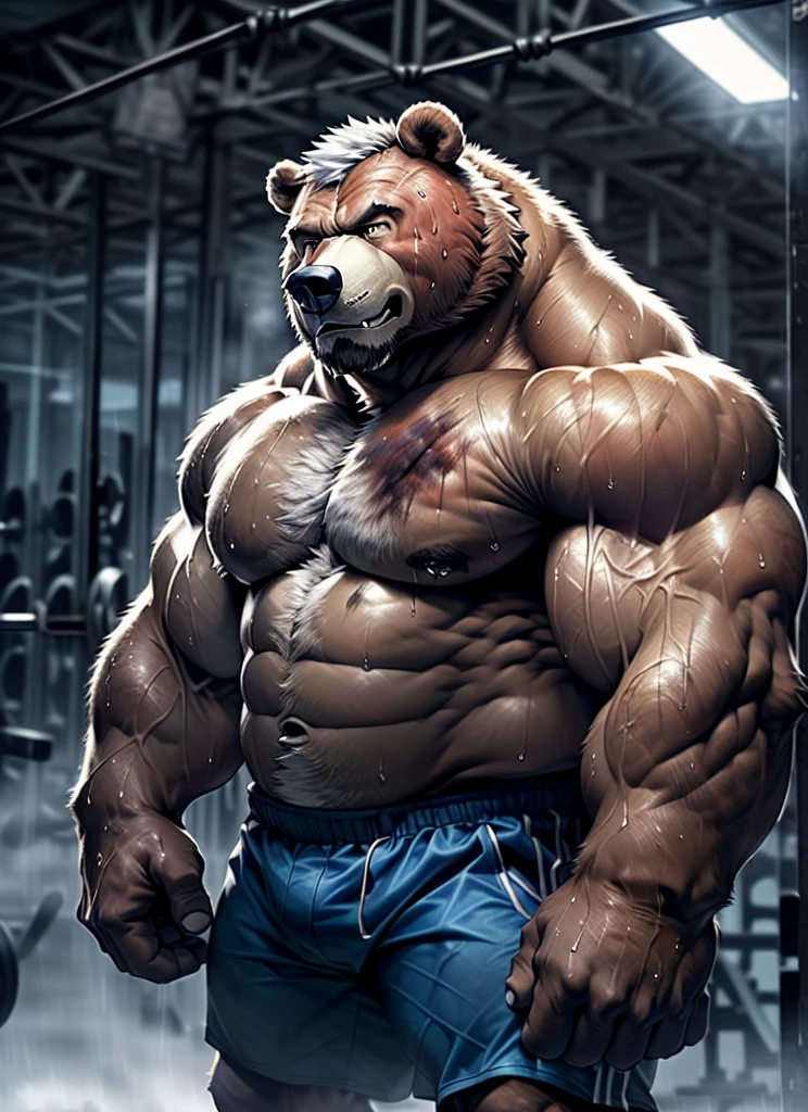 extremely detailed, detailed face, detailed eyes, detailed muscle, (view full body), ((1man)), (furry (beat)), (object (big muscular old bear man standing with face up looking beaten face expression behind the ring)), the bearis soldier and wearing boxing uniform, old bear (big muscular, big muscle, bodybuilder, facial hair, brown fur, beaded, white beard, shirtless and topless, battel scar face, short hair, white hair, strong character, strong muscle), (background ((heavy rain, fog, overcast lights, gray darkness, waster land, old gym, disty building))), (photography (50mm lens, cinematic, cinematic color)), by Pixelsketcher, by Bayard Wu, by Thomas Benjamin Kennington , by Einshelm, by Chunie,, (lin hu:1.1), (exhausted, sweat, bruised:1.4), in the boxing ring, boxing gloves, (beaten down, swollen cheek:1.4)