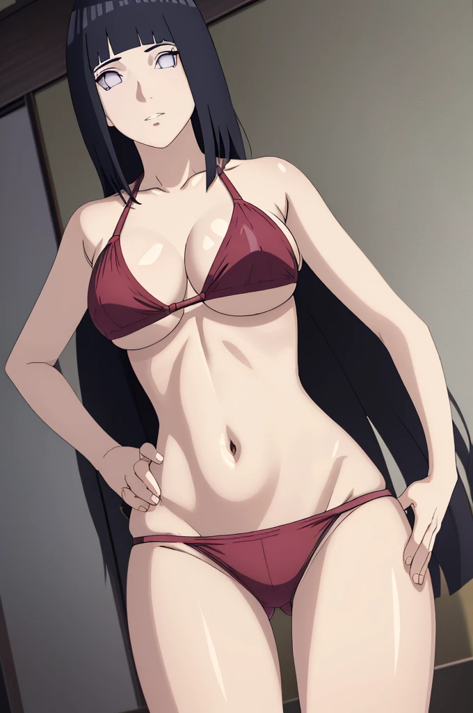 masterpiece, (intricate details), (colorful),cinematic lighting,extremely detailed CG unity 8k wallpaper ,hinata\(boruto\), 1girl,solo, large breasts, (hinata, hyuuga hinata, purple eyes, blunt bangs, black hair) big breasts, perfect breasts, large breasts, round breasts, sexy body, slim waist, nice hips, skinny, nice thighs, thick thighs, black bra, cleavage, bare shoulders, collarbone, underboob, slim waist, red bikini, bikini, swimsuit, small bikini, plain background, cowboy shot, body shot, front shot, full body, white backdrop, perfect eyes, glowing eyes, beautiful eyes, black background, simple background, no background , body shot, hands on hip