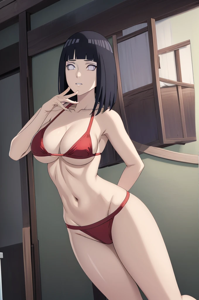 masterpiece, (intricate details), (colorful),cinematic lighting,extremely detailed CG unity 8k wallpaper ,hinata\(boruto\), 1girl,solo, large breasts, (hinata, hyuuga hinata, purple eyes, blunt bangs, black hair) big breasts, perfect breasts, large breasts, round breasts, sexy body, slim waist, nice hips, skinny, nice thighs, thick thighs, black bra, cleavage, bare shoulders, collarbone, underboob, slim waist, red bikini, bikini, swimsuit, small bikini, plain background, cowboy shot, body shot, front shot, full body, white backdrop, perfect eyes, glowing eyes, beautiful eyes, black background, simple background, no background , body shot, hands on hip