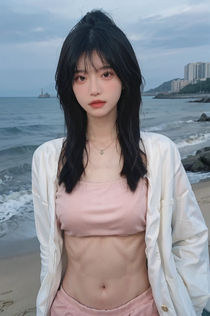 Best quality，Ultra-high resolution，（lifelike：1.4），Cute hairpin，2girll，Long curly hair，jk，Blush，Slim beauty：1.4，Visible abdominal muscles，on the beach，Ultra-fine face，Exquisite eyes，Double eyelids，necklace