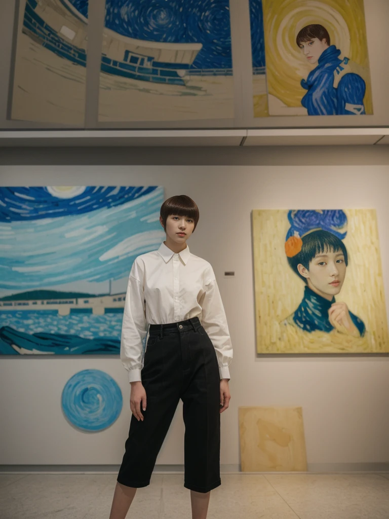 her name is Asako, high quality, 1girl, ((20-year-old fit Caucasian woman)), ((20 years old)), ((slim)), ((Edgy Bowl Cut hair)), pose: standing, wearing edgy Generation-Z modern wear bright colored, BACKGROUND:Inside the Van Gogh Museum, surrounded by the artist’s masterpieces