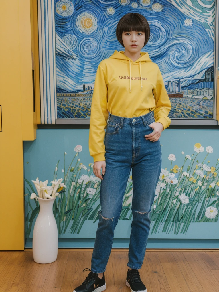 her name is Asako, high quality, 1girl, ((20-year-old fit Caucasian woman)), ((20 years old)), ((slim)), ((Edgy Bowl Cut hair)), pose: standing, wearing edgy Generation-Z modern wear bright colored, BACKGROUND:Inside the Van Gogh Museum, surrounded by the artist’s masterpieces