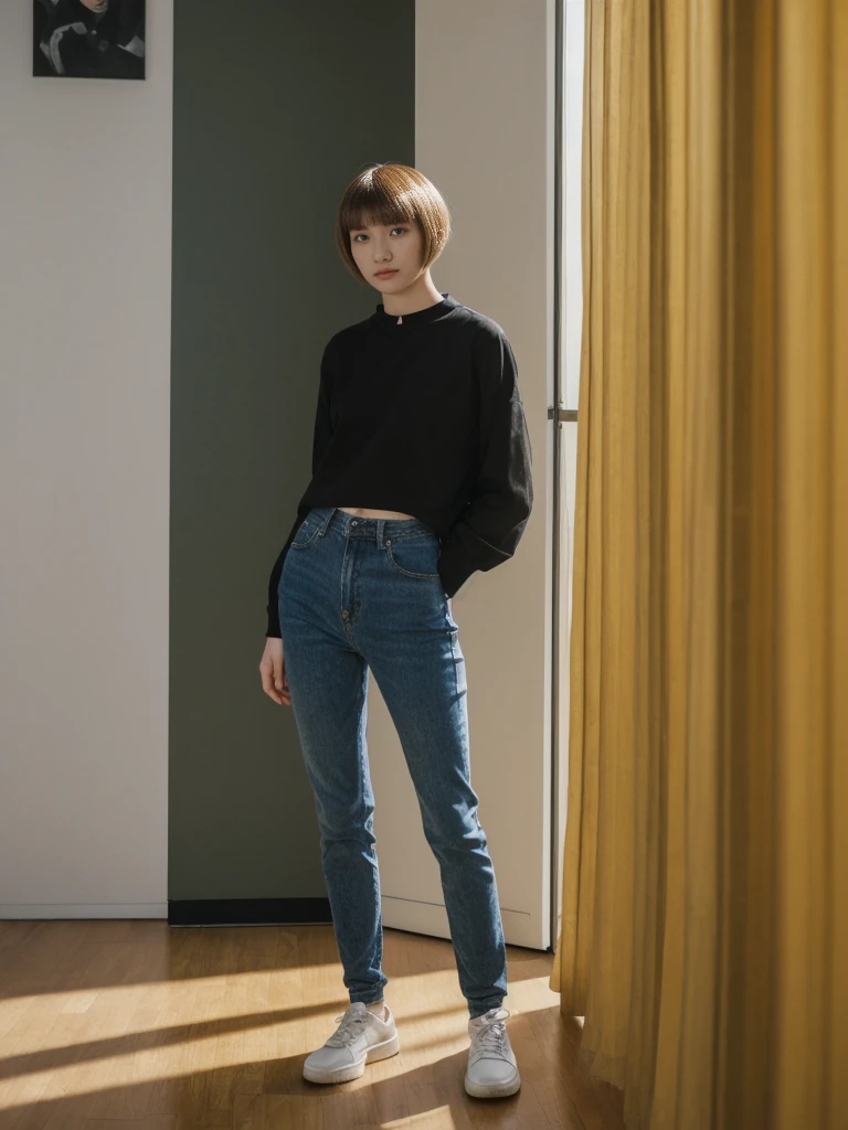 her name is Asako, high quality, 1girl, ((20-year-old fit Caucasian woman)), ((20 years old)), ((slim)), ((Edgy Bowl Cut hair)), pose: standing, wearing edgy Generation-Z modern wear bright colored, BACKGROUND:Inside the Van Gogh Museum, surrounded by the artist’s masterpieces