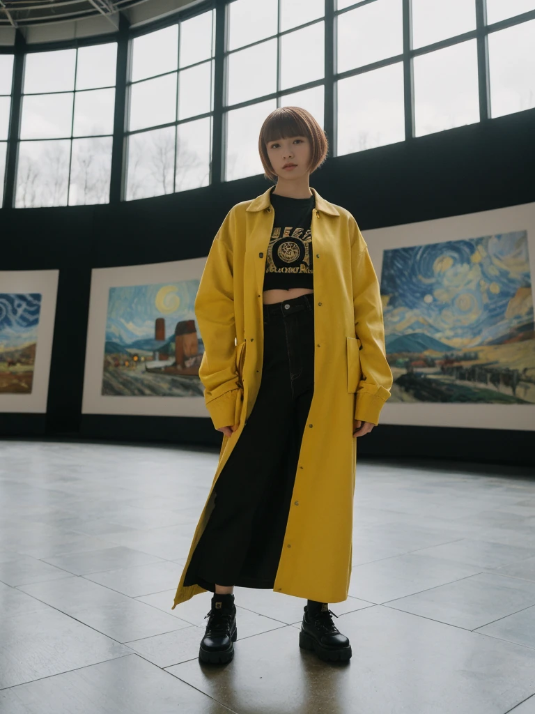her name is Asako, high quality, 1girl, ((20-year-old fit Caucasian woman)), ((20 years old)), ((slim)), ((Edgy Bowl Cut hair)), pose: standing, wearing edgy Generation-Z modern wear bright colored, BACKGROUND:Inside the Van Gogh Museum, surrounded by the artist’s masterpieces