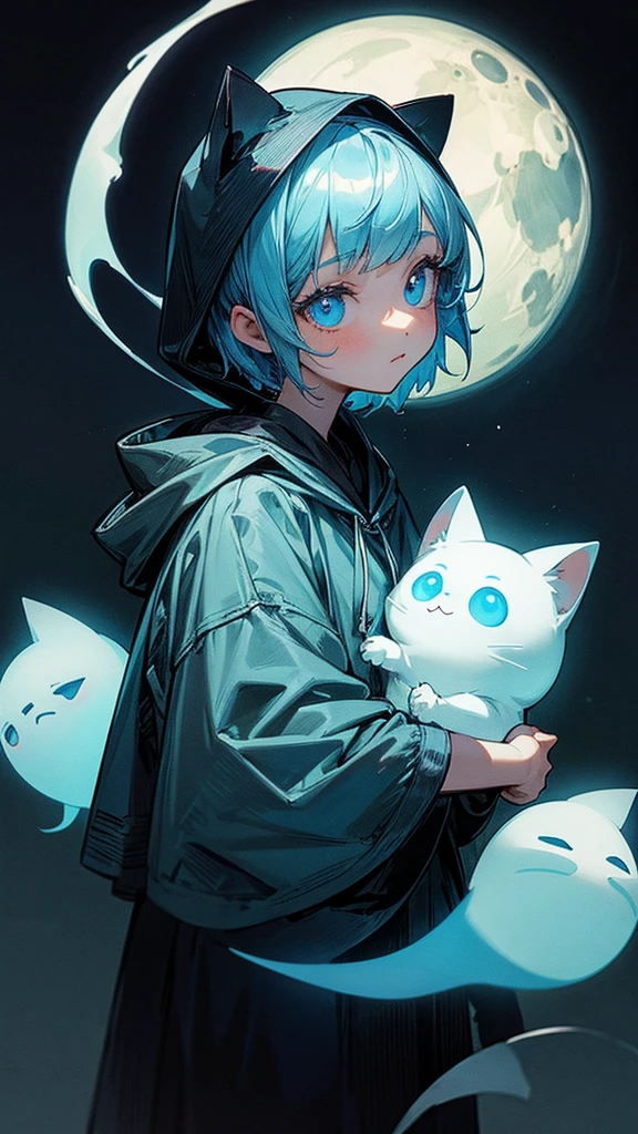 (masterpiece), a cute girl with a hood holding a ghost cat in his hand, with a strong posture, blue short hair and big eyes, dark environment, ghost cat elements, calling, moon, simple and textured background, beautiful lighting atmosphere, exquisite details