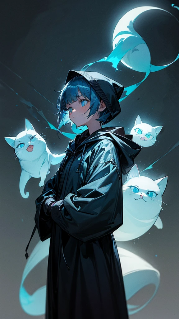 (masterpiece), a cute girl with a hood holding a ghost cat in his hand, with a strong posture, blue short hair and big eyes, dark environment, ghost cat elements, calling, moon, simple and textured background, beautiful lighting atmosphere, exquisite details