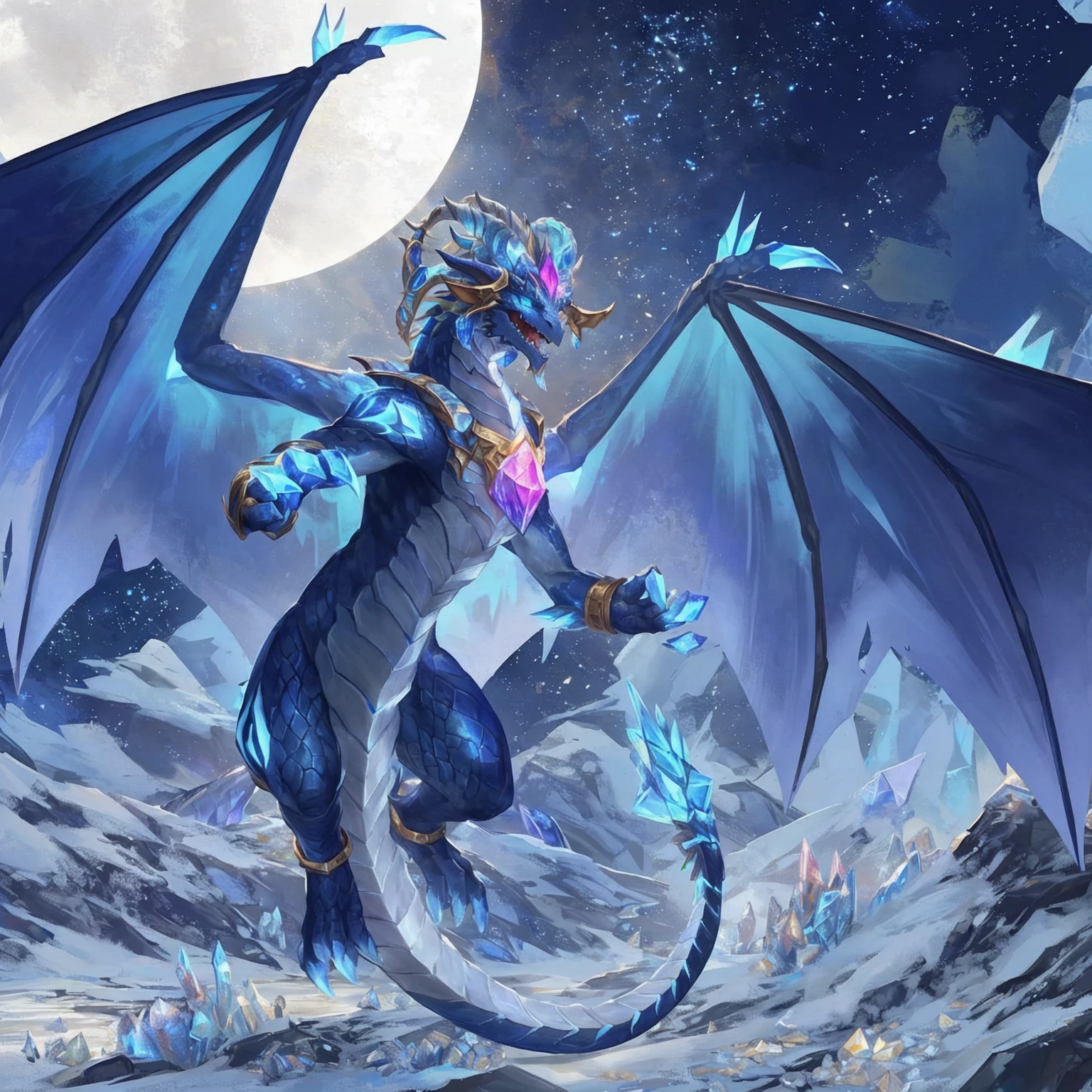 There is a dragon flying in the sky, human dragon art, Frost Dragon, fantasy Hearthstone艺术 style, Aurelion Sol, Furry Fantasy Art, Hearthstone卡牌艺术, Blue Elf, Anthropomorphic dragon, Hearthstone艺术, Hearthstone风格的艺术, Set against the backdrop of a dragon, Crystal Dragon, Blue Dragon, 《Hearthstone》Card game original picture. ”