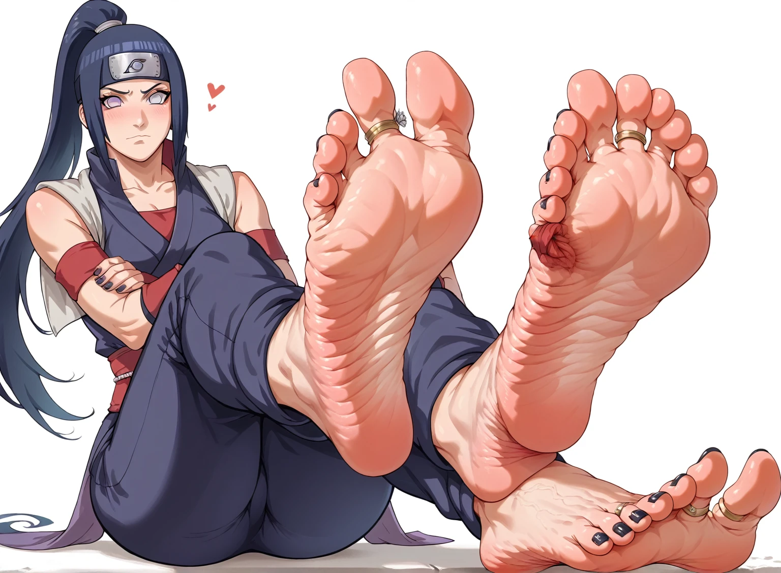 Hinata From Naruto, feet, soles, very wrinkled soles, disgusting dirty soles, black toenail, toes ring, soles focus. Very detailed soles, Masterpiece, UHD. Ninja Chamber background