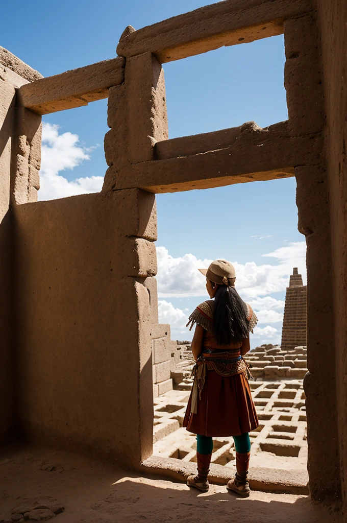 Girl coming out of the windows of the archaeological complex of Sóndor in Peru looking at the warriors of the Chnaka culture