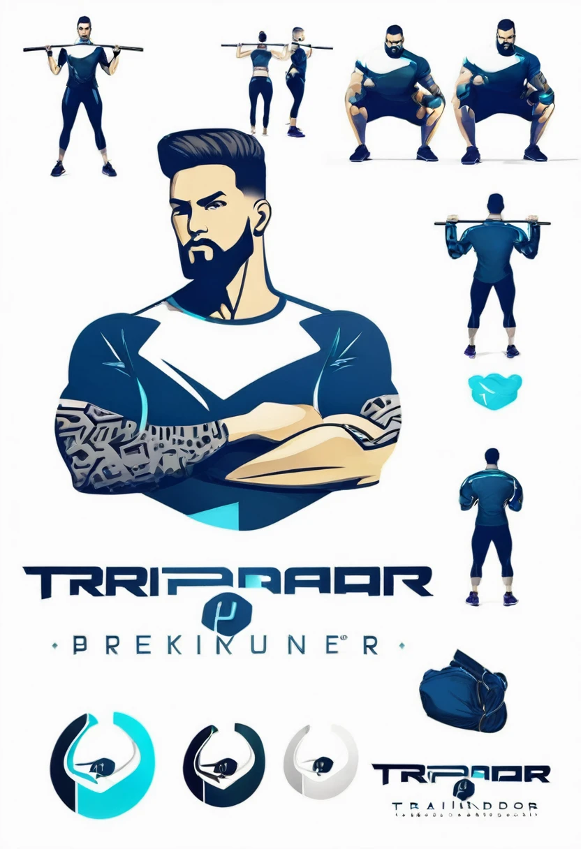 Create a logo for the personal trainer brand "Will Treinador" that is creative, innovative, modern, and elegant, conveying confidence while being disruptive. The design should be extremely professional, with high-definition and hyper-realistic details. Incorporate imagery of a weight plate, a simplified digital wristwatch, and the silhouette of a defined male trainer with short curly hair, viewed from the back and striking a pose, in a sophisticated manner. The color palette should include dark blue, cyan, white, gray, black, and purple, inspired by cyberpunk aesthetics. Ensure the name "Will Treinador" is prominently featured and easily readable in the logo.