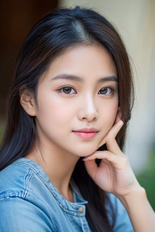beautiful, Masterpiece, best quality, Very detailed face, perfect light, Young Haraf woman looks at the camera, perfect has a round face, A well-maintained model., Close-up photo, Southeast Asian women with round faces, wearing a blue t-shirt Wearing a dark blue t-shirt and old, ripped jeans. 3-D profile picture., 8K, 45,000,000 pixcls, realistic light colors, beautiful สมจริงที่beautifulมาก, น่าดึงดูดและbeautifulงาม, sexy girl, Asian girl, นางแบบสาวbeautiful, jaw-dropping beauty, Bright face,