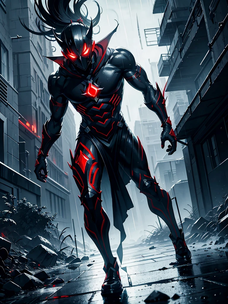 NEX Genesis man, masked, red aura, murderous, mysterious and dark, with chaotic scenery, black andwhite, anime styling, overpower, epic, legendary, in the rain, sleeve-style, Epic fight, speechless