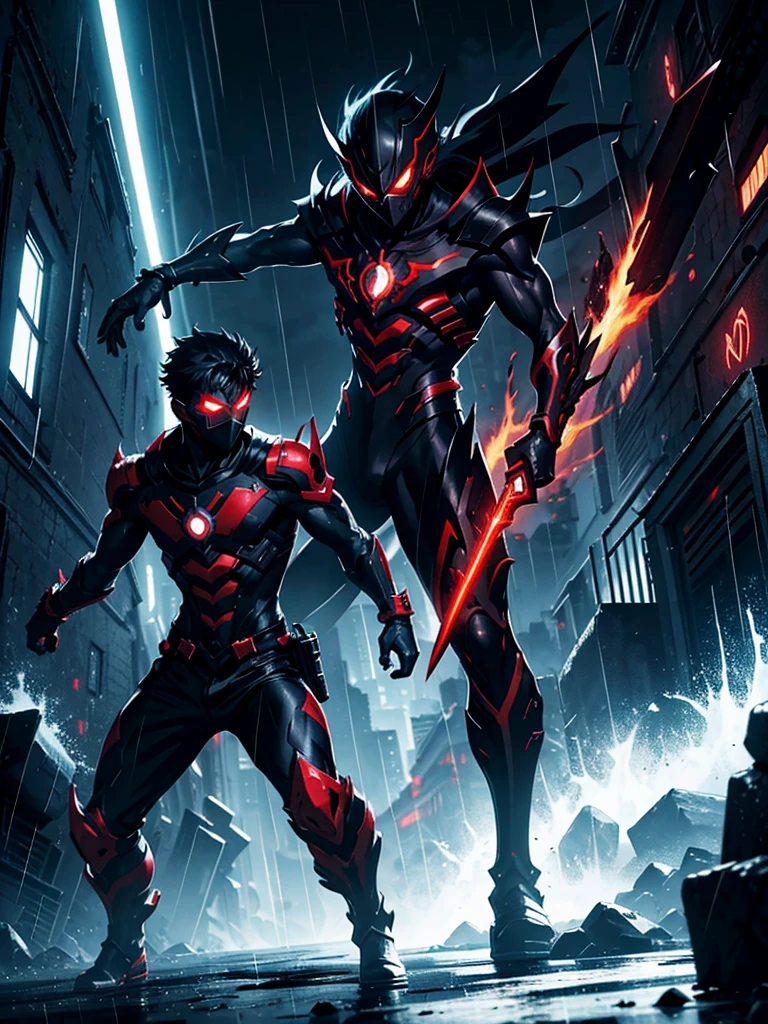NEX Genesis man, masked, red aura, murderous, mysterious and dark, with chaotic scenery, black andwhite, anime styling, overpower, epic, legendary, in the rain, sleeve-style, Epic fight, speechless