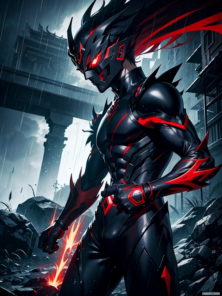 NEX Genesis man, masked, red aura, murderous, mysterious and dark, with chaotic scenery, black andwhite, anime styling, overpower, epic, legendary, in the rain, sleeve-style, Epic fight, speechless