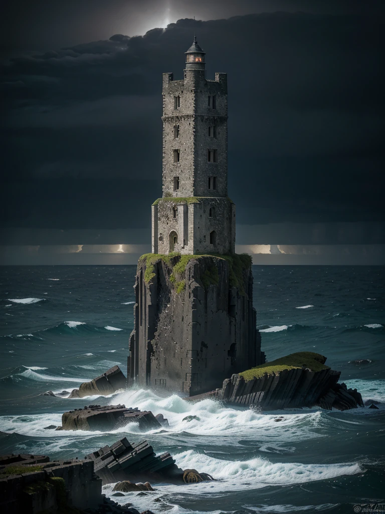 (Estilo Philippe Druillet), Dark fantasy surrealism, (Solteiro (distant) central frame of the subject, (tiny sea level flat rock island with simple crumbling brick watchtower), above view, high angle shot, ocean at midnight, dark theme, stormy moonless night, wide panoramic shot, work of art), vast ocean, Uma pequena ilha distant, barely visible in (stormy darkness), tower, moss, alone on top of a rocky cliff, just above the violent waves that crash on the rocky shores, break, sterile, Rocky Island