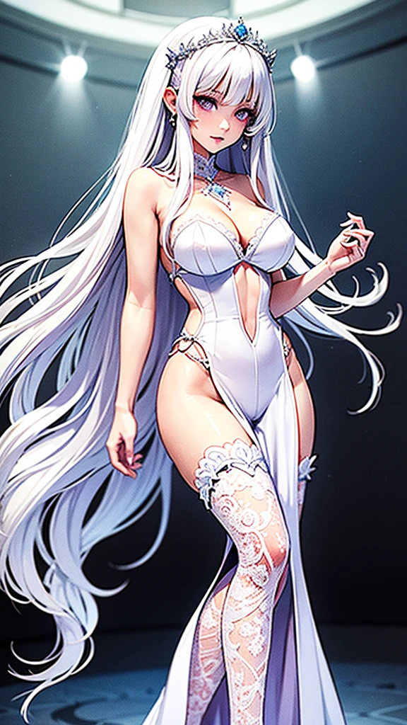 Extremely long white hair, purple eyes, dreamiest female figure, gorgeous  girl. Gorgeous white mermaid fit and flare strapless wedding dress, with beautiful lace details with a matching long vail. Untra 8k.