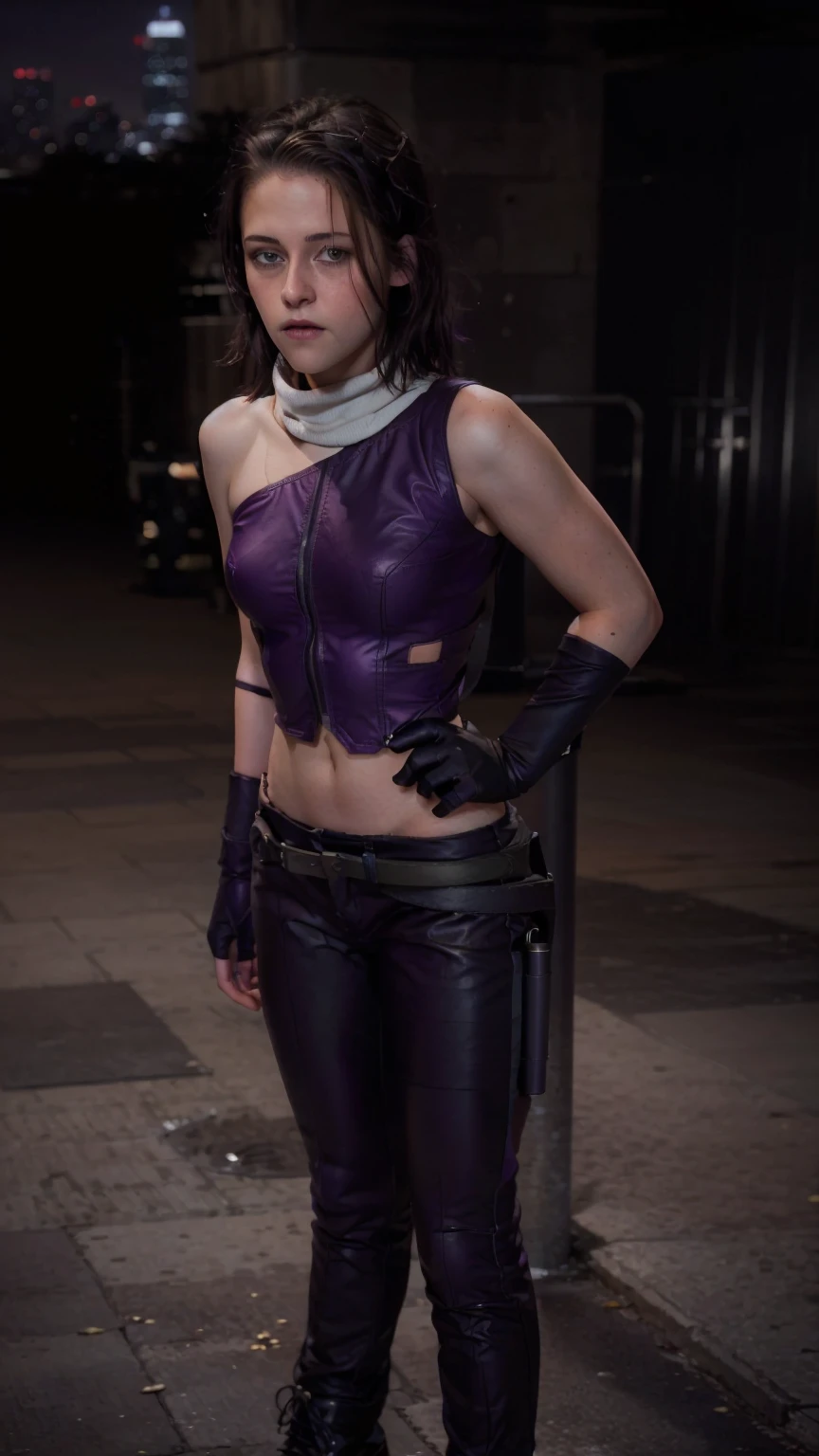 (masterpiece), (photorealistic1.4), (1 girl), (solo), (best quality), (large breasts), (epiCRealLife), (Kate Bishop long hair), (sleeveless top), (kateb2023 black utility belt), (kateb2023 purple costume), (purple pants) (kateb2023 purple sleevless bodysuit), (krs, KristenStewartDogu, Kristen Stewart, white scarf),(white scarf), (kateb202), (bare shoulder), (night time), (kateb2023 wearing black boot), (elbow gloves), (abs), (flash photography), (flashphoto), (outdoor), , (sunset), (look at viewers),(light smile), , standing on new york city rooftop), (from side), (city landscape), (close up)