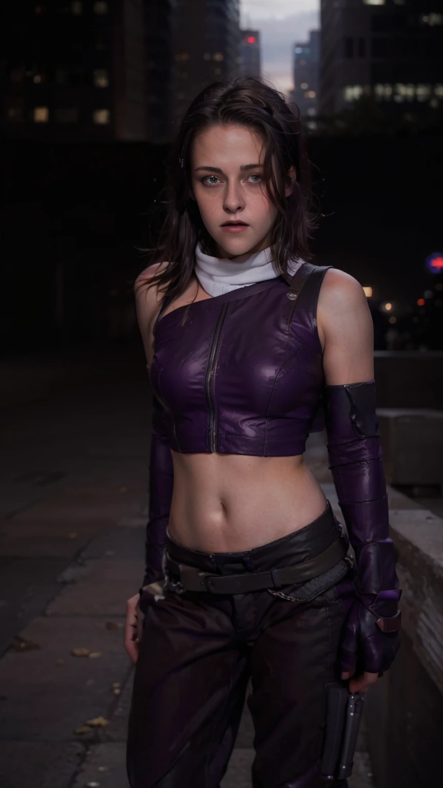 (masterpiece), (photorealistic1.4), (1 girl), (solo), (best quality), (large breasts), (epiCRealLife), (Kate Bishop long hair), (sleeveless top), (kateb2023 black utility belt), (kateb2023 purple costume), (purple pants) (kateb2023 purple sleevless bodysuit), (krs, KristenStewartDogu, Kristen Stewart, white scarf),(white scarf), (kateb202), (bare shoulder), (night time), (kateb2023 wearing black boot), (elbow gloves), (abs), (flash photography), (flashphoto), (outdoor), , (sunset), (look at viewers),(light smile), , standing on new york city rooftop), (from side), (city landscape), (close up)