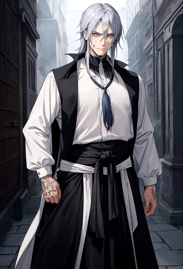 with long, disheveled silver-blue hair and cold, gray eyes. He has a slender, athletic build and a relaxed demeanor. A notable feature is his stitched mouth, along with various other stitches on his face and body, highlighting his ability to manipulate his physical form. He wears casual medieval-era clothing, including a simple, dark tunic, usually black or gray, tied with a sash around the waist, giving him a traditional look. His presence is ominous and menacing, reflecting his sinister nature.