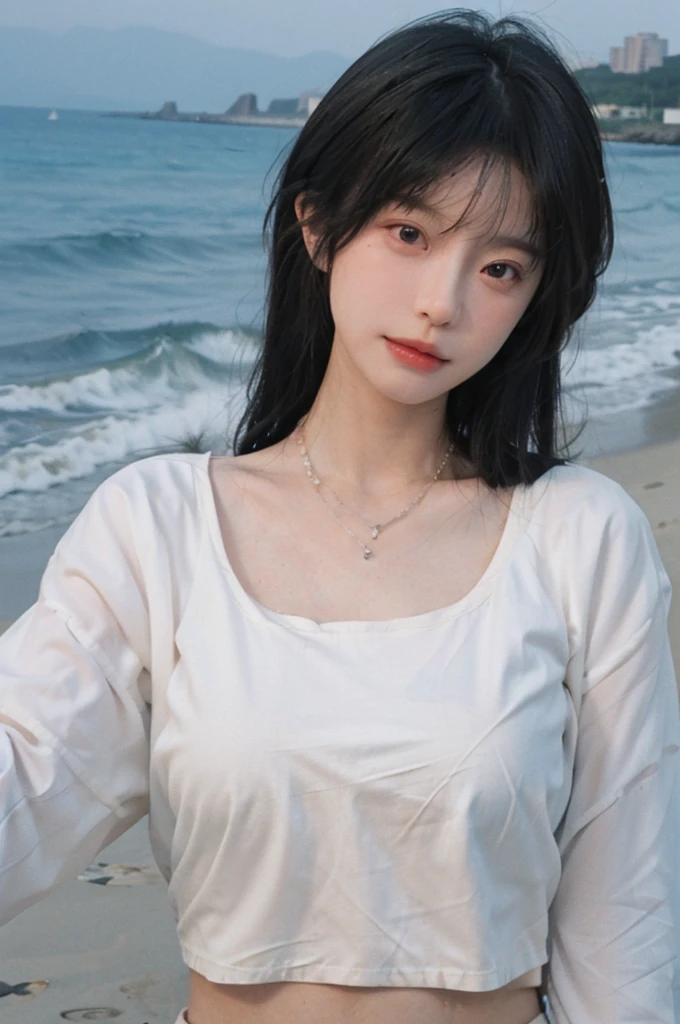 Best quality，Ultra-high resolution，（lifelike：1.4），Cute hairpin，2girll，Long curly hair，jk，Blush，Slim beauty：1.4，Visible abdominal muscles，on the beach，Ultra-fine face，Exquisite eyes，Double eyelids，necklace