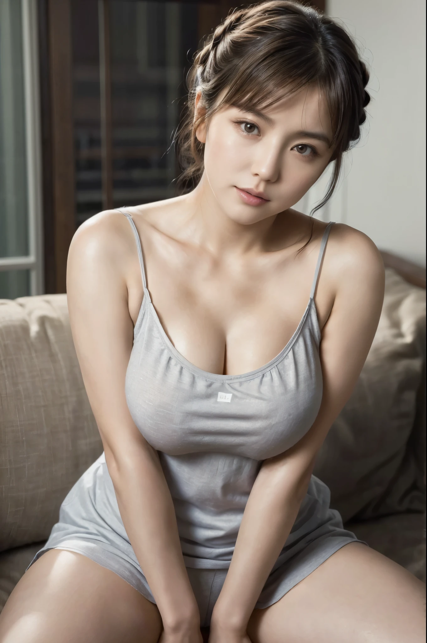 (masterpiece, highest quality, Realistic, High resolution, photograph, :1.3), Sharp focus, 1 Cute Japanese mature woman, 40 years old, Hot Model, (((Highly detailed Black eyes and pupils))), Realistic Skin, ((Voluptuous body:1.2)), ((big tits:1.2)), big ass, Neckline, Highly detailed hair, Delicate face, Sensual look, Bright lips, Chubby lips, Natural Lip, big thick thighs, ((updo hair:1.2)), indoor, ((whole body shot)), ((Camisole:1.5)), indoor, ((whole body shot)), Sitting with Knees Up on sofa at living, spread legs, (spread pussy:1.3), (NSFW), ((detailed Vagina:1.2)),