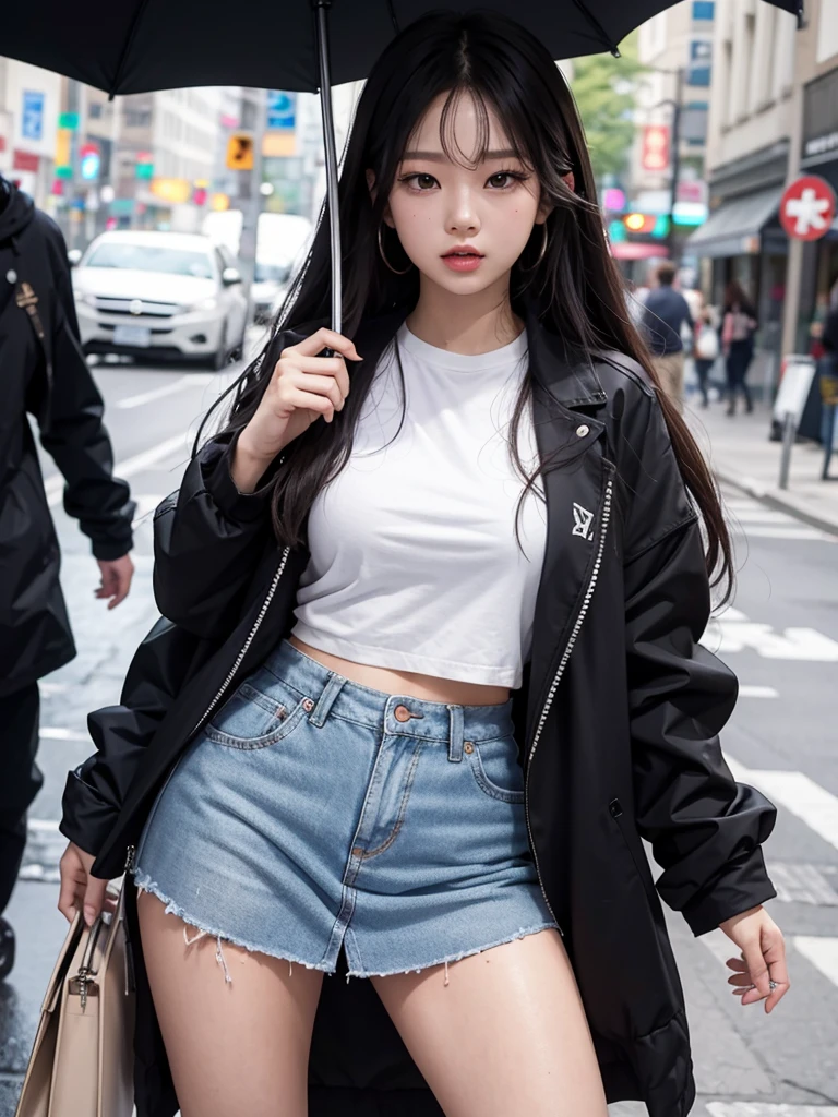 Jennie Kim, the iconic BLACKPINK rapper and singer, is in Seoul on a rainy day. Despite the downpour, she radiates an aura of lust and style as she strikes slutty poses through the city's busy streets. Your short black crop top and your mini skirt, match perfectly with the transparent umbrella, creating a sleek, modern silhouette. Her black hair is wet and stuck to her face, but this only serves to enhance your natural beauty. A faint smile plays on his full lips, as she observes the world around her with an air of mystery. City lights flicker and reflect in puddles of water, creating a vibrant and lively urban setting. Focus on Jennie's face. focus on the body.