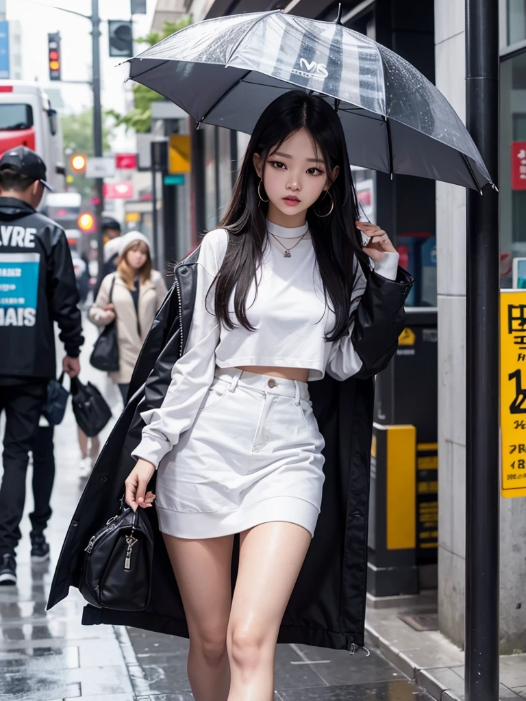 Jennie Kim, the iconic BLACKPINK rapper and singer, is in Seoul on a rainy day. Despite the downpour, she radiates an aura of lust and style as she strikes slutty poses through the city&#39;s busy streets. Your short black crop top and your mini skirt, match perfectly with the transparent umbrella, creating a sleek, modern silhouette. Her black hair is wet and stuck to her face, but this only serves to enhance your natural beauty. A faint smile plays on his full lips, as she observes the world around her with an air of mystery. City lights flicker and reflect in puddles of water, creating a vibrant and lively urban setting. Focus on Jennie&#39;s face. focus on the body.