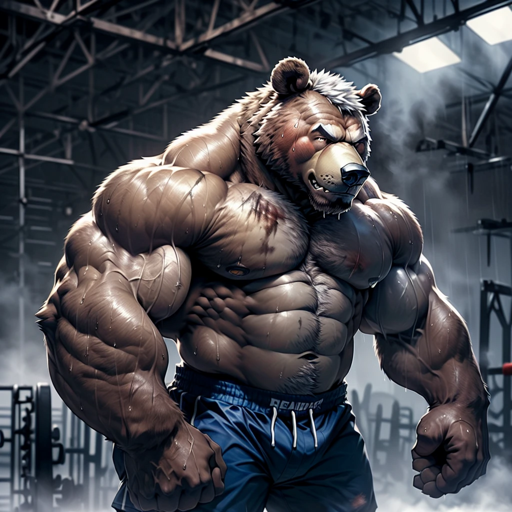 extremely detailed, detailed face, detailed eyes, detailed muscle, (view full body), ((1man)), (furry (beat)), (object (big muscular old bear man standing with face up looking beaten face expression behind the ring)), the bearis soldier and wearing boxing uniform, old bear (big muscular, big muscle, bodybuilder, facial hair, brown fur, beaded, white beard, shirtless and topless, battel scar face, short hair, white hair, strong character, strong muscle), (background ((heavy rain, fog, overcast lights, gray darkness, waster land, old gym, disty building))), (photography (50mm lens, cinematic, cinematic color)), by Pixelsketcher, by Bayard Wu, by Thomas Benjamin Kennington , by Einshelm, by Chunie,, (lin hu:1.1), (exhausted, sweat, bruised:1.4), in the boxing ring, boxing gloves, (beaten down, swollen cheek:1.4)