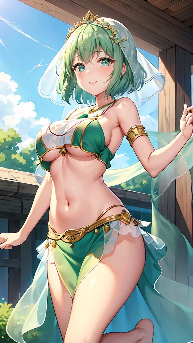 Girl with short green hair, Small breasts, Green Eyes, White Casual Wear Beauty Special、((((tits)))),Full body photo from head to toe、Belly dance、Dancer、National costume、See-through、Angle Shot、Decoration、Luxury accessories、Face veil around the mouth、Dancing by rotating on one foot、、