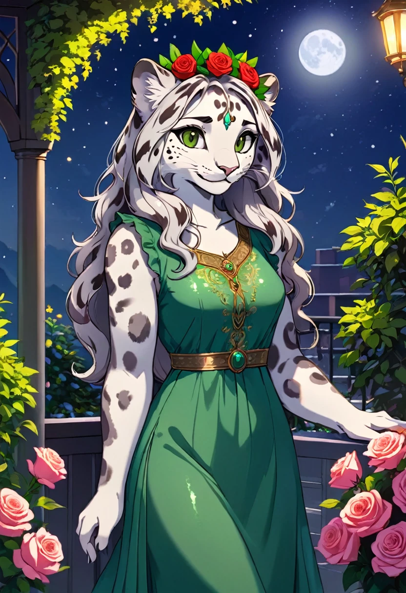 Lily is a kind and gentle snow leopard who likes to care for the flowers. She wears a green dress that matches her nature, and has a flower crown in her long and wavy hair. She is standing on a moonlit terrace and looking happy, as she smells the fragrance of the roses. She has beautiful brown eyes that look at you with tenderness and gratitude. She is an innocent girl and your blossom