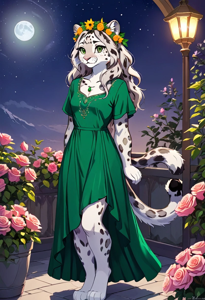 Lily is a kind and gentle snow leopard who likes to care for the flowers. She wears a green dress that matches her nature, and has a flower crown in her long and wavy hair. She is standing on a moonlit terrace and looking happy, as she smells the fragrance of the roses. She has beautiful brown eyes that look at you with tenderness and gratitude. She is an innocent girl and your blossom