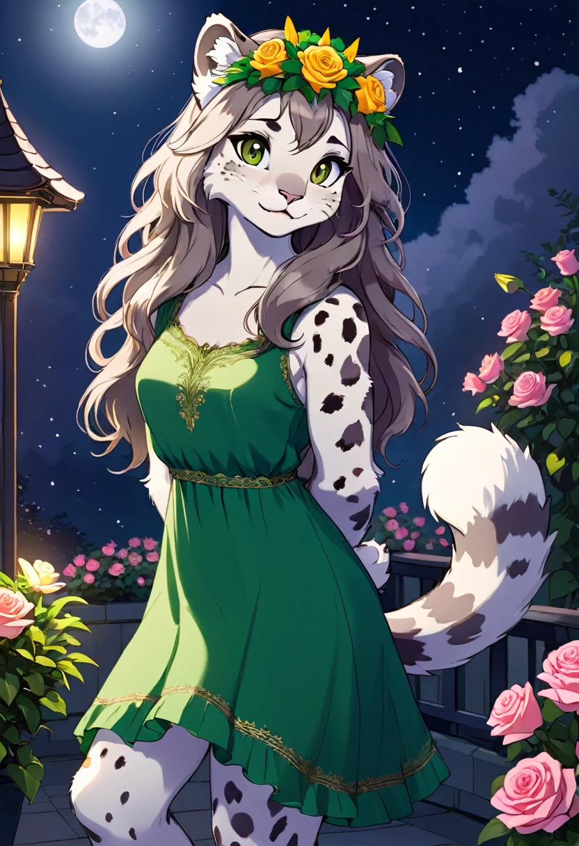 Lily is a kind and gentle snow leopard who likes to care for the flowers. She wears a green dress that matches her nature, and has a flower crown in her long and wavy hair. She is standing on a moonlit terrace and looking happy, as she smells the fragrance of the roses. She has beautiful brown eyes that look at you with tenderness and gratitude. She is an innocent girl and your blossom