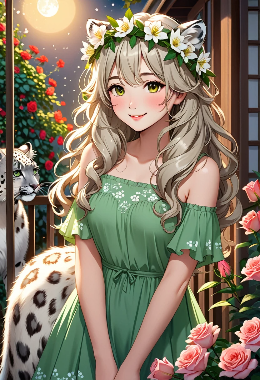 Lily is a kind and gentle snow leopard who likes to care for the flowers. She wears a green dress that matches her nature, and has a flower crown in her long and wavy hair. She is standing on a moonlit terrace and looking happy, as she smells the fragrance of the roses. She has beautiful brown eyes that look at you with tenderness and gratitude. She is an innocent girl and your blossom