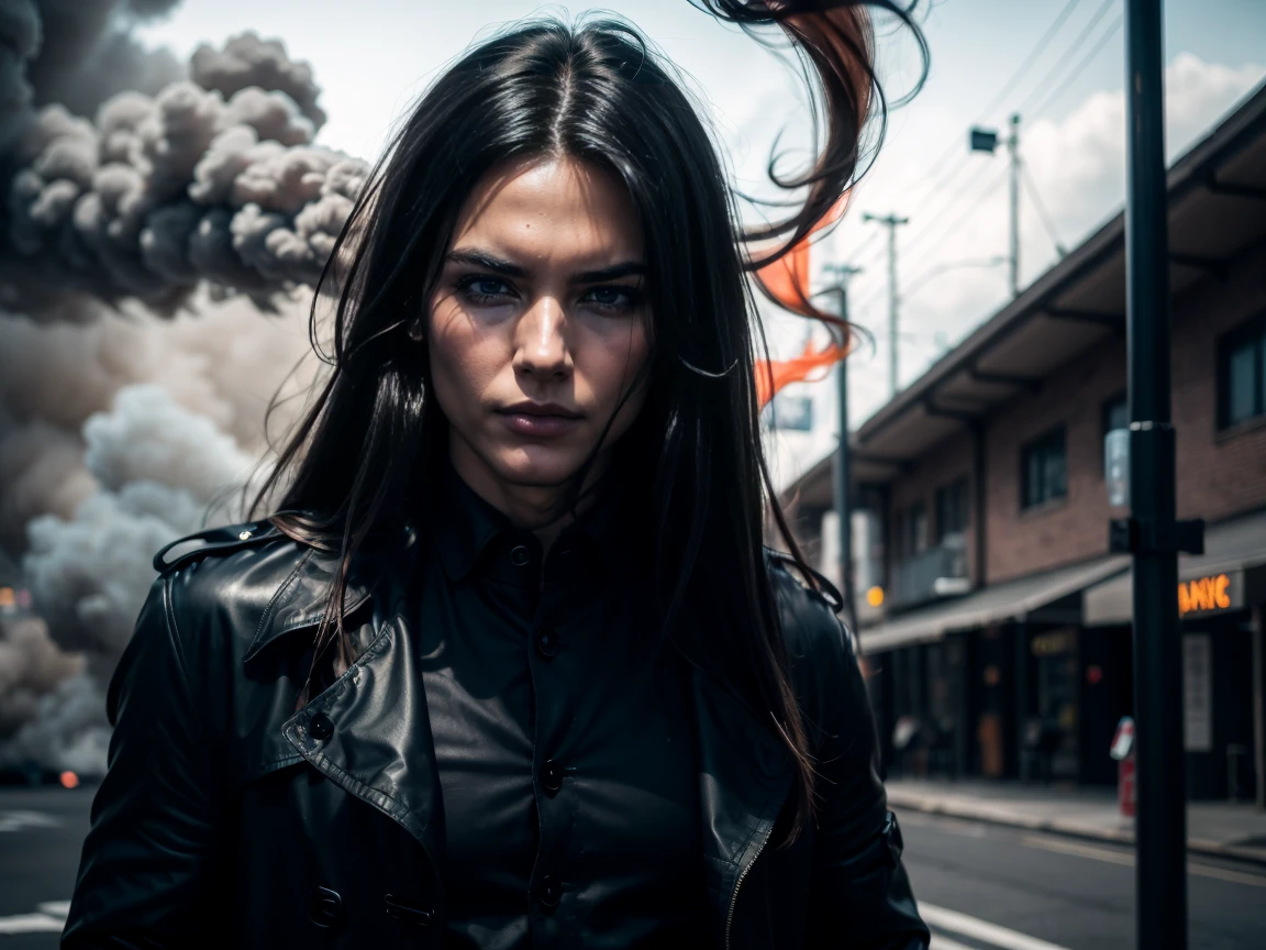 (((Long hair))), Vampire, One handsome young man of 30 years old ((thin body)), ((long black straight hair)), ((red eyes)), ((black trench fabric coat)), He wears a dark suit, consisting of black pants, a black cloak, a black shirt, and a black coat, which adds to his mysterious allure, (black shirt), an evil serious concentrated expression on his face, thin eyebrows, long eyelashes, serious thin face, a straight nose, (red smoke everywhere)