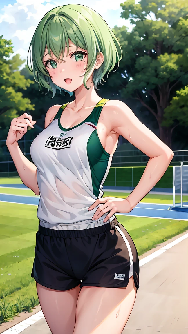 Girl with short green hair, Small size breasts,、Green Eyes, 、,Full body photo from head to toe、Track and field athlete、、、Uplifting、Leaning forward、、walk short distance、running、A toned and toned body、Desperate、Sweat、Uplifting、A moving picture、Shorts、Full Strength