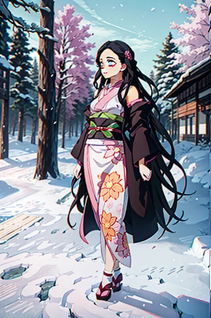 estilo kimetsu no yaiba, 1 girl, beautiful girl, alone, beautiful eyes pink colors, Shiny black hair, extra long hair, ((Masterpiece)), in the forest by day, ((Masterpiece)), (((high quality))), japanese clothes, pink sleeveless floral kimono, separate sleeves. full body, beautiful body, giant breasts, small waist, Wide hips. (full quality) (Best Quality) (high quality).